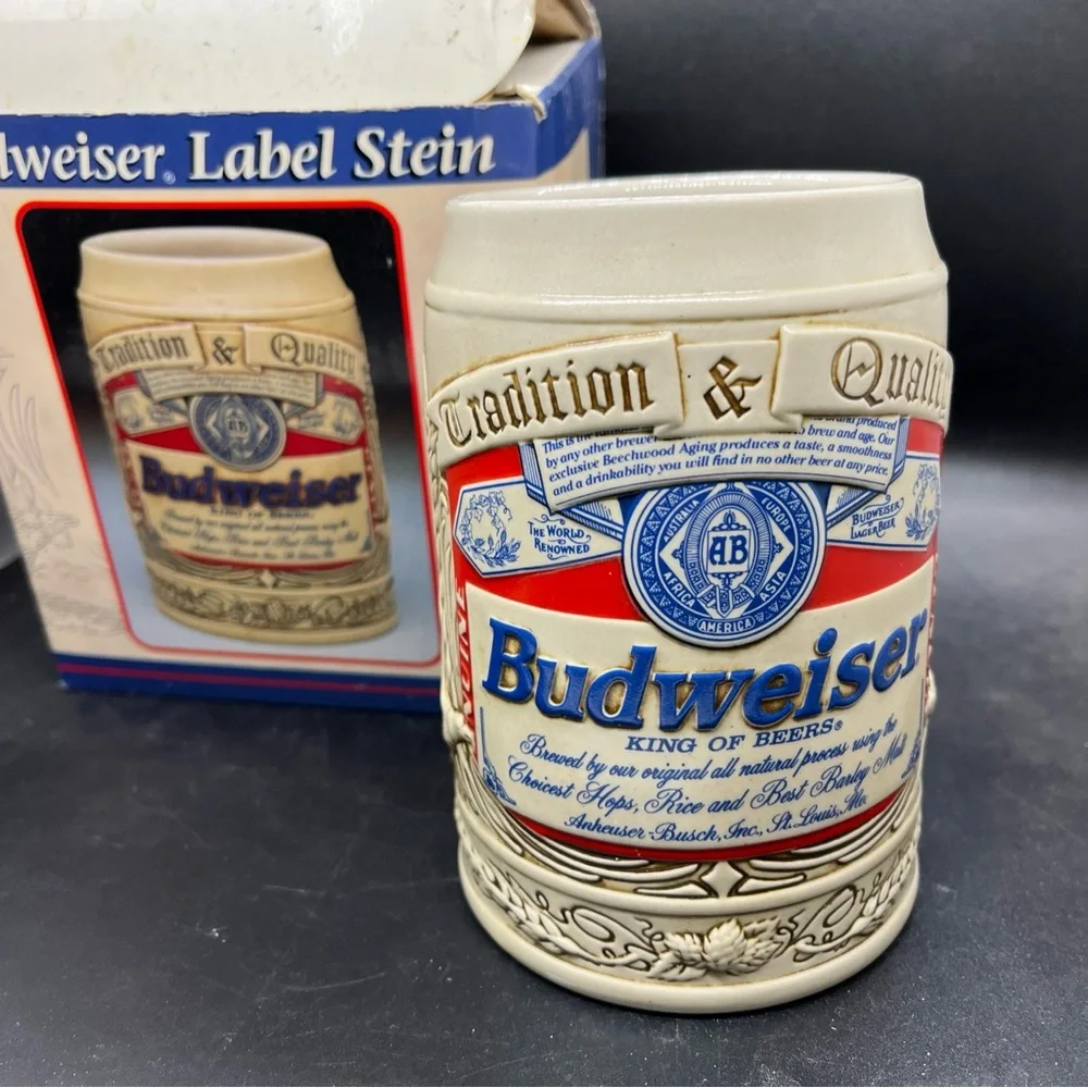 Budweiser Label Stein Beer Mug Cup 1995 Ceramarte Brazil w/ Box & COA